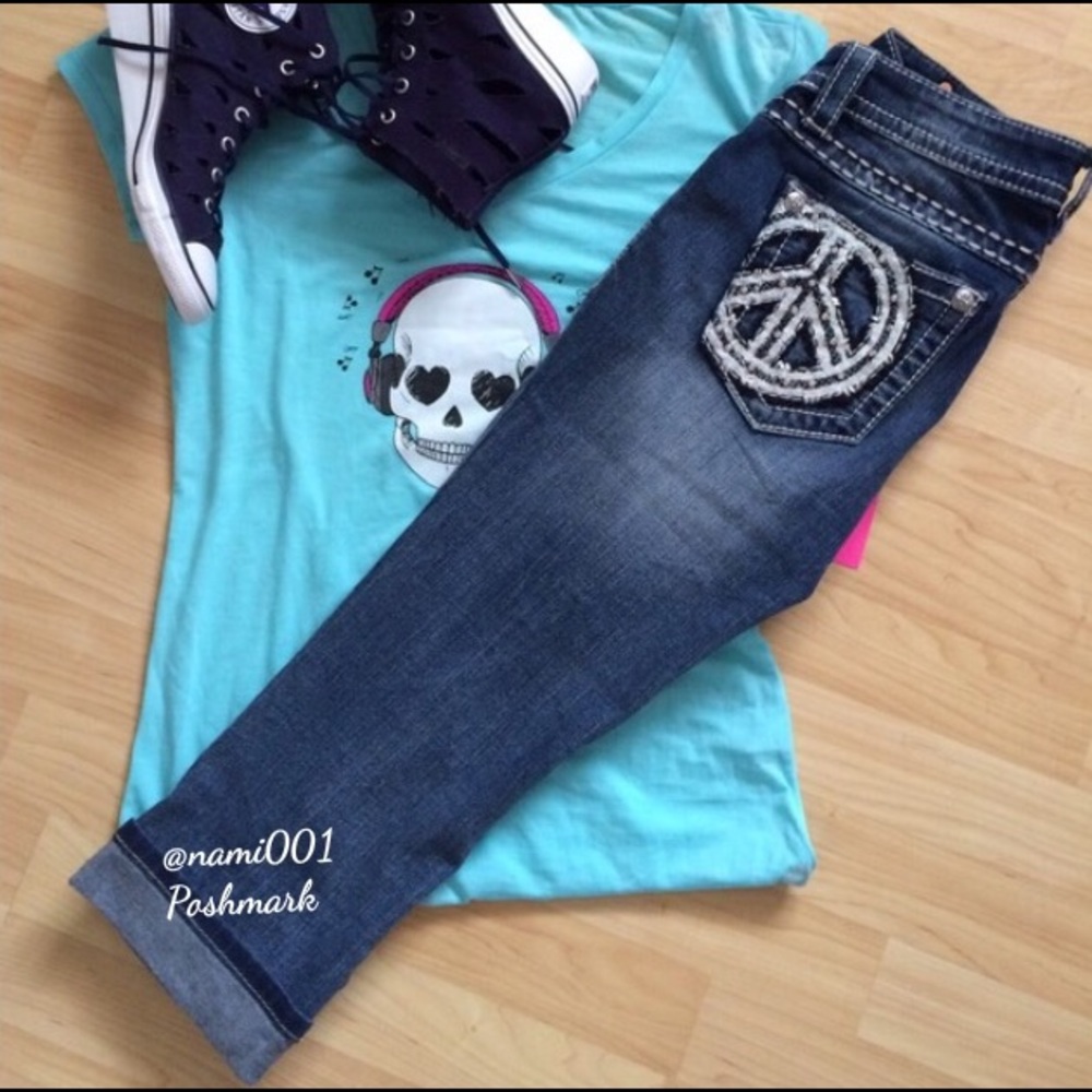 Denim Miss Me Mid-Rise Cuffed Capris Peace Sign Bling NWOT